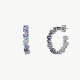 Textured Cubic Zirconia Silver Floral Hoop Earring - Blue and Amethyst Colour