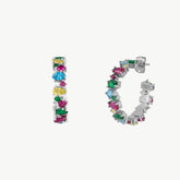 Textured Vibrant Color Silver Floral Stud Hoop Earring
