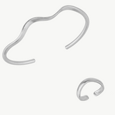 Molten Wavy Cuff Bangle Silver Bracelet & Elegance Silver Wavy Ring Set