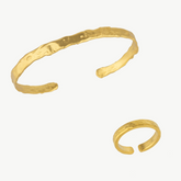 Naturally Textured Thin Cuff Bangle & Textured Hammered Ring Set in Gold