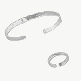 Naturally Textured Thin Cuff Bangle & Textured Hammered Ring Set in Silver