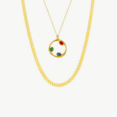 Tri-Gem Harmony Gold Pendant and Large Cuban Chain Necklace Layering Set