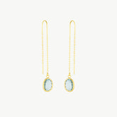 Abstract Gem Oval Pull Through Drop Chain Gold Earring - Aqua Blue