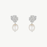 Four Leaves Clover Stud Pearl Drop Earring in Silver With White Gemstones