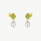 Four Leaves Clover Stud Pearl Drop Earrings in Gold With Green Gemstones