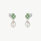 Four Leaves Clover Stud Pearl Drop Earring in Silver With Green Gemstones