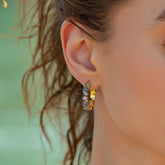 Textured Cubic Zirconia Gold Floral Hoop Earring - Blue and Amethyst Colour